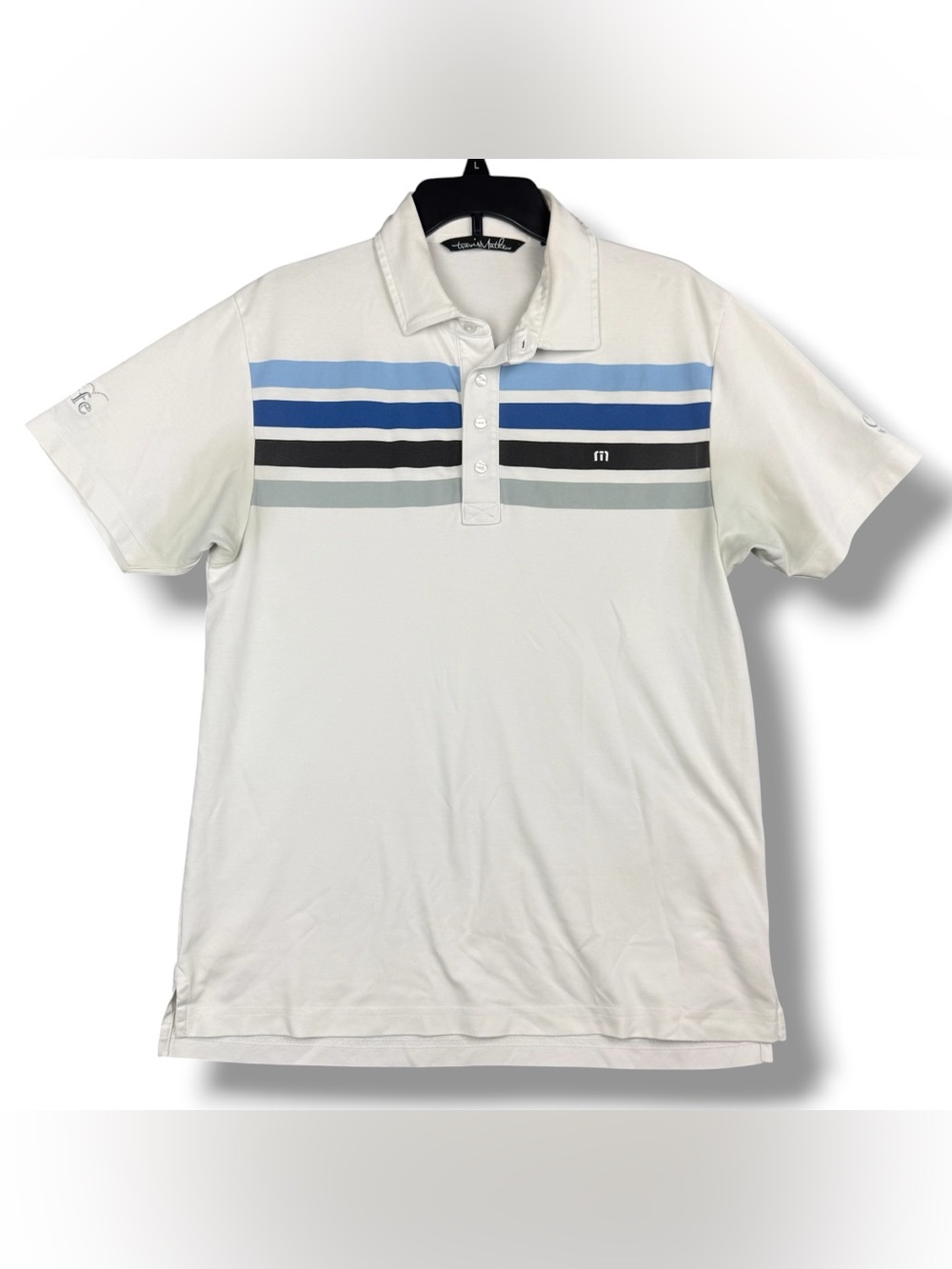 Travis Mathew Polo Shirt Men’s Large White w/ Stripes Pima Cotton Golf Logo